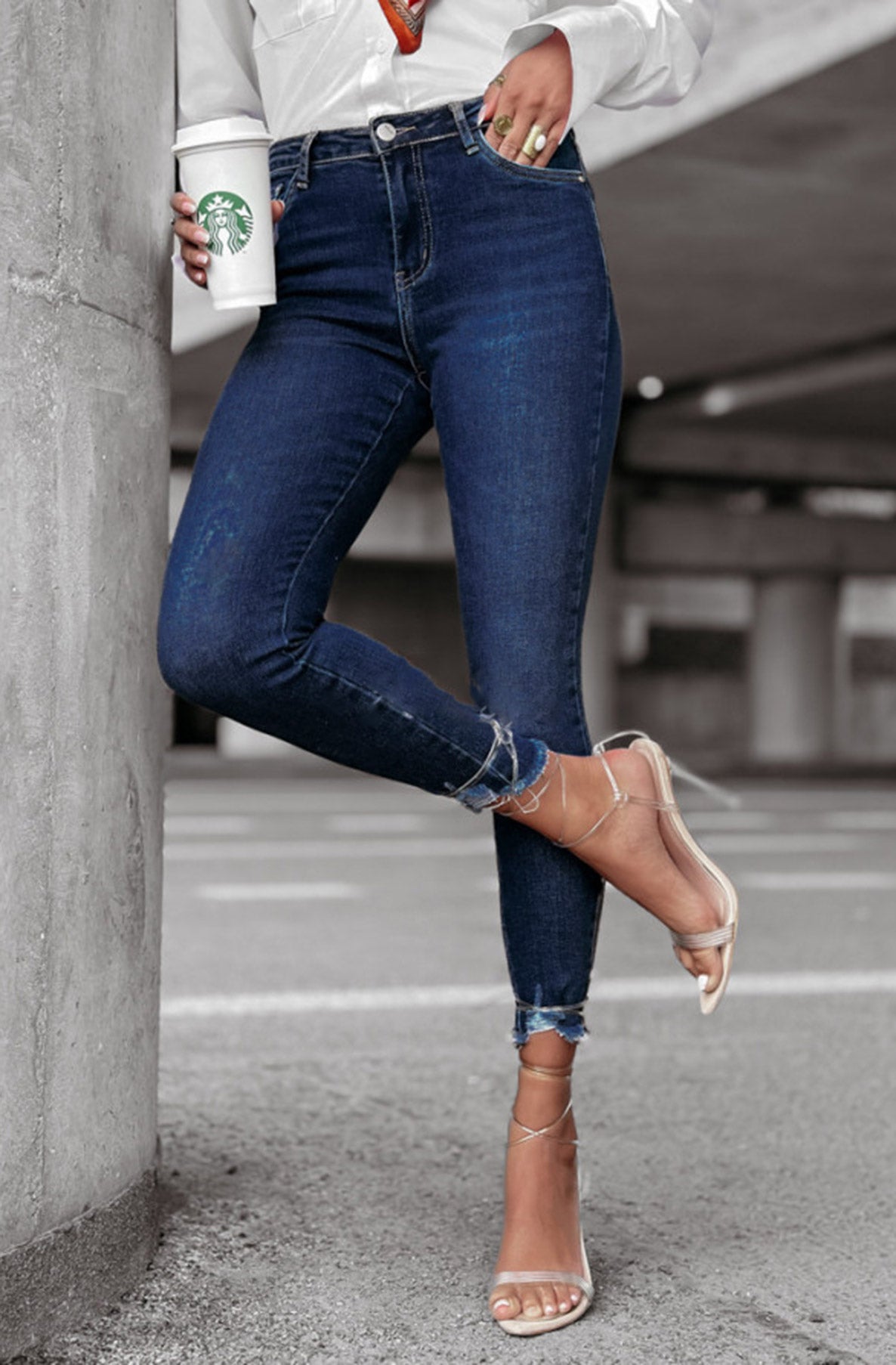 Daniela Frayed Denim Jeans-Dark Blue