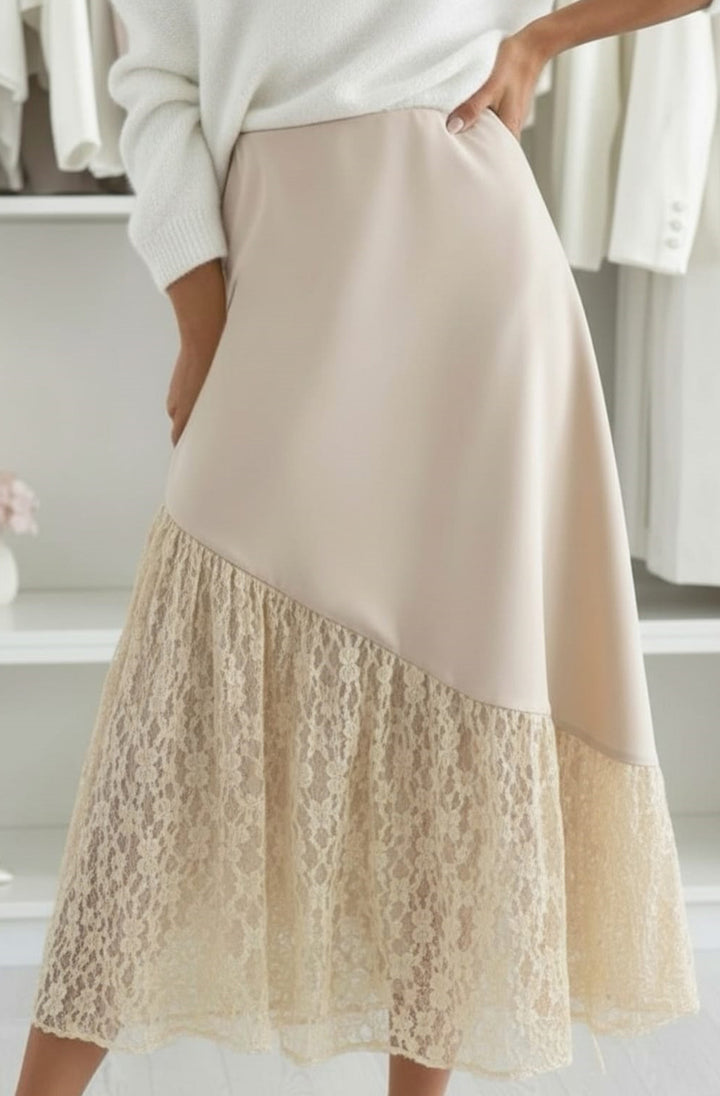 Daria Satin Asymmetric Lace Midaxi Skirt-Stone