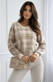 Debby Classic Check Print Long Sleeve Sweatshirt Top-Stone
