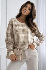 Debby Classic Check Print Long Sleeve Sweatshirt Top-Stone