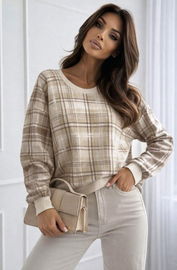 Debby Classic Check Print Long Sleeve Sweatshirt Top-Stone