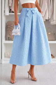 Delilah Floral Textured Tie-Belt Pocketed Midaxi Skirt-Blue