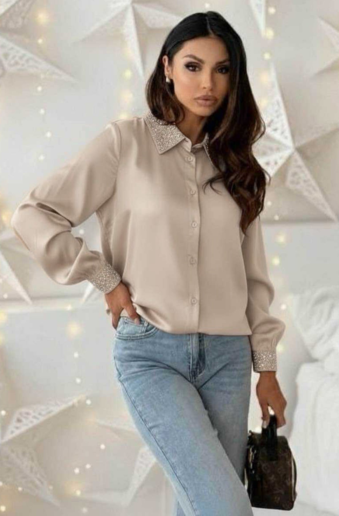 Della Crystal Trim Satin Shirt Blouse Top-Stone