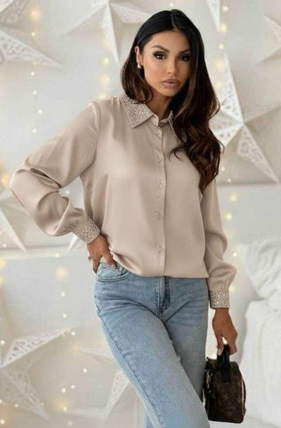 Della Crystal Trim Satin Shirt Blouse Top-Stone