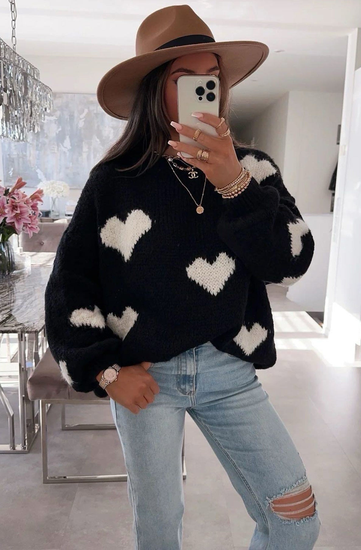 Delta Heart Knitted Jumper Sweater Top-Black