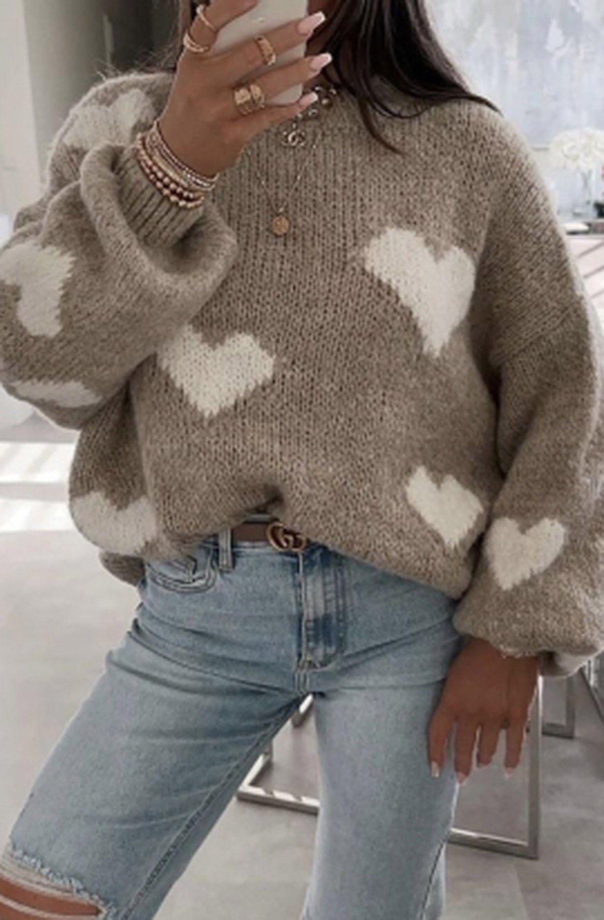 Delta Heart Knitted Jumper Sweater Top-Mocha