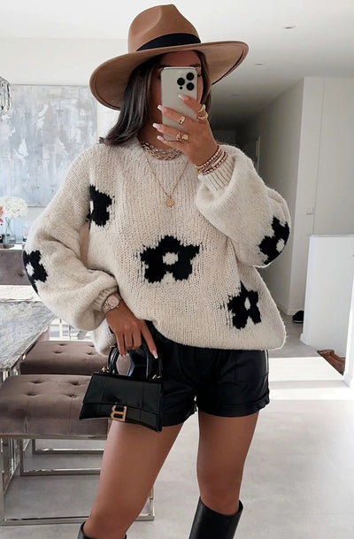 Delta Floral Knitted Jumper Sweater Top-Stone