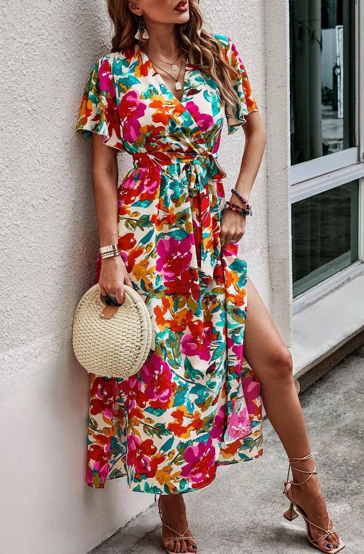 Denzie Floral Side Slit Maxi Dress-Multi