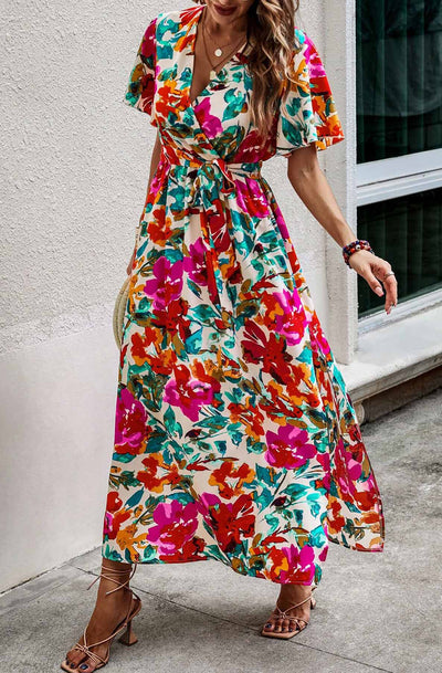 Denzie Floral Side Slit Maxi Dress-Multi