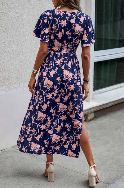 Denzie Floral Side Slit Maxi Dress-Navy