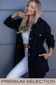 Devora Pocket Detail Hooded Shacket-Black