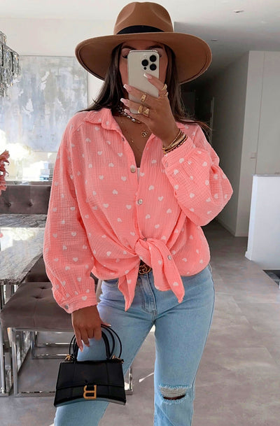 Dina 'Hearts' Printed Oversized Blouse Shirt Top-Coral