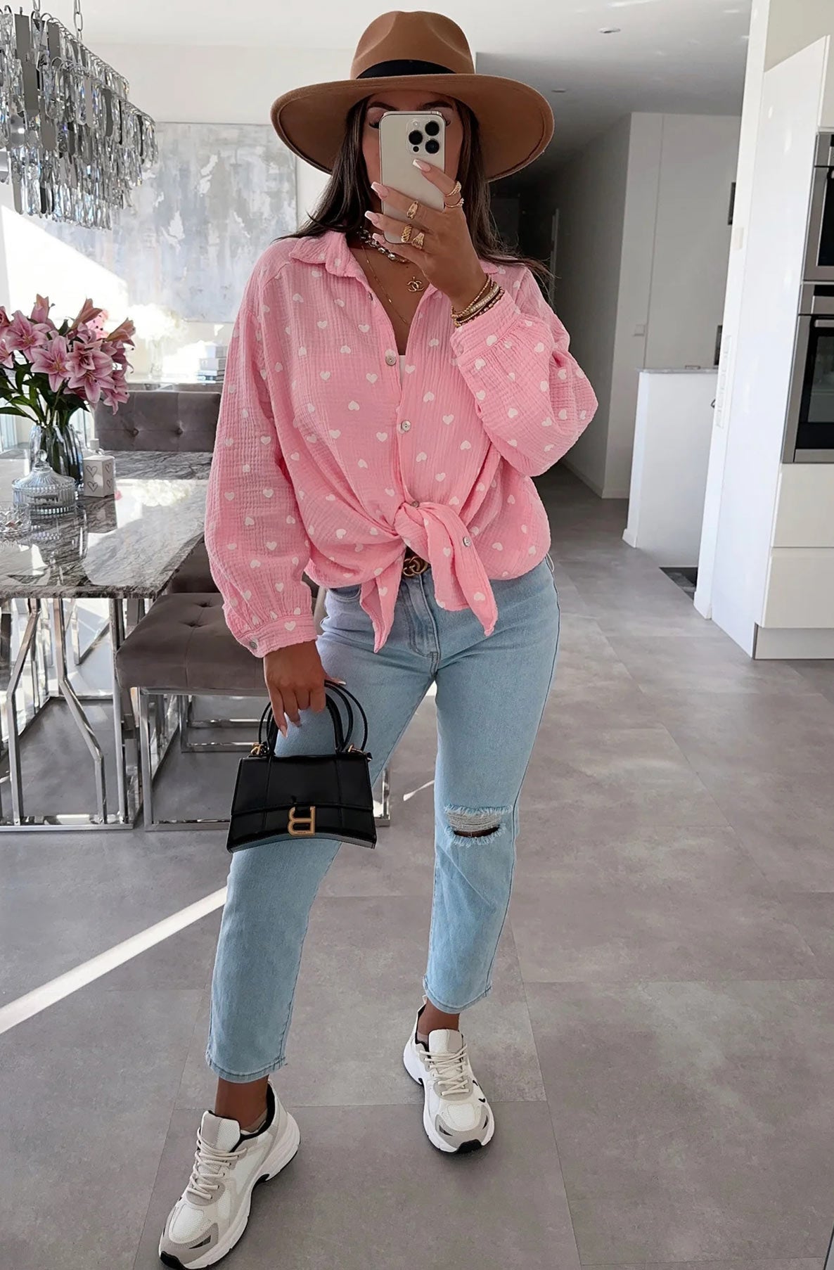 Dina 'Hearts' Printed Oversized Blouse Shirt Top-Pink