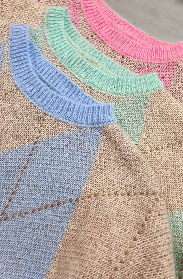 Dixie Argyle Diamond Knitted Jumper Sweater-Pink