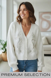 Dorothy Paisley Embellished Bubble Knit Cardigan-Ivory
