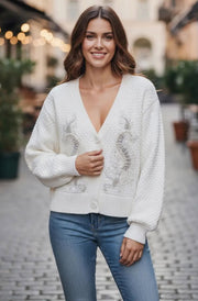 Dorothy Paisley Embellished Bubble Knit Cardigan-Ivory