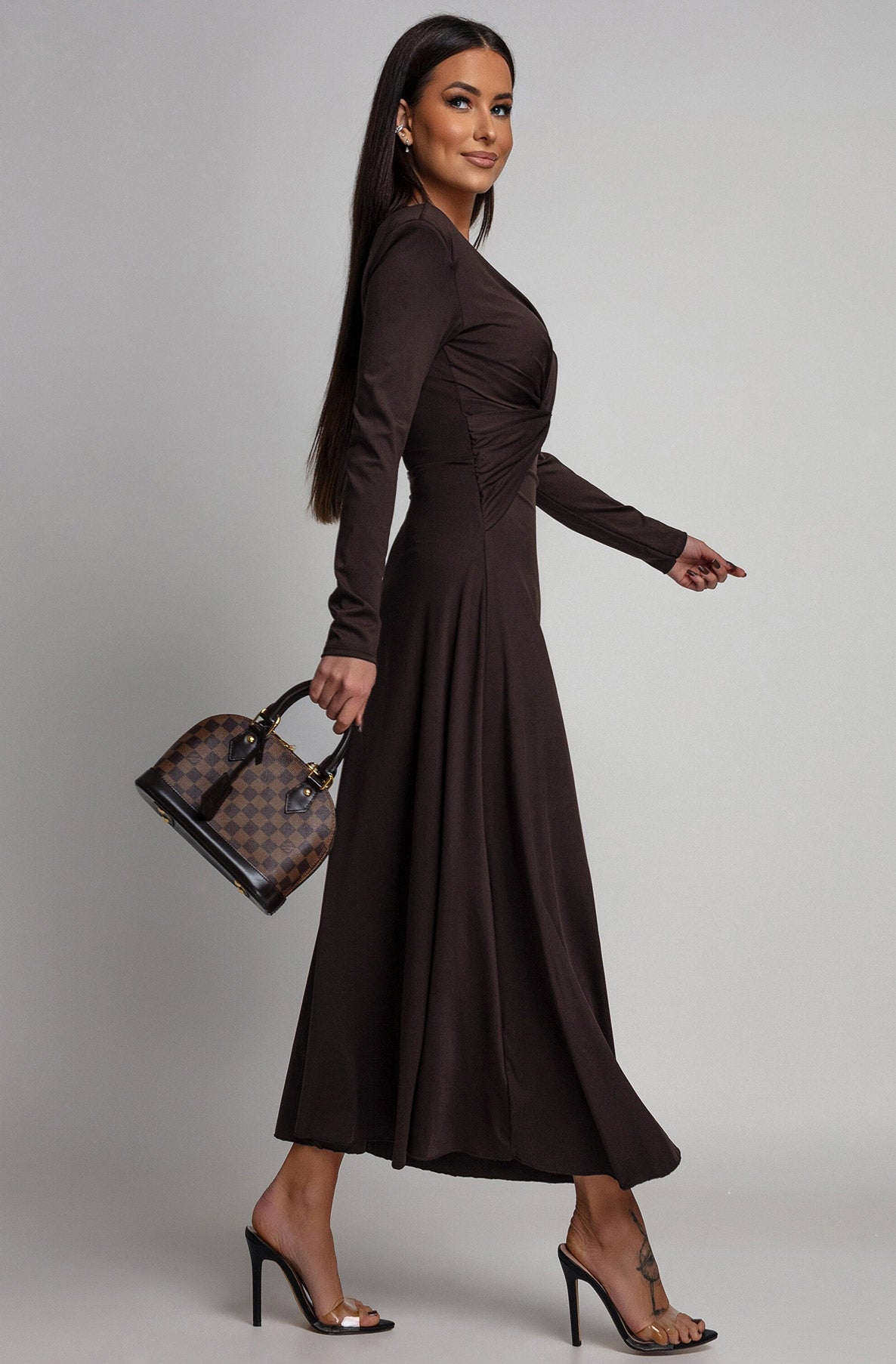 Elaris Twist Front Long Sleeve Maxi Dress-Dark Brown