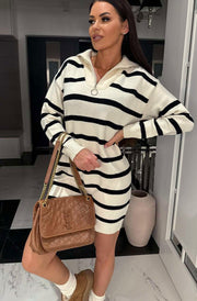Elena Zip Collar Striped Sweater Dress-Cream