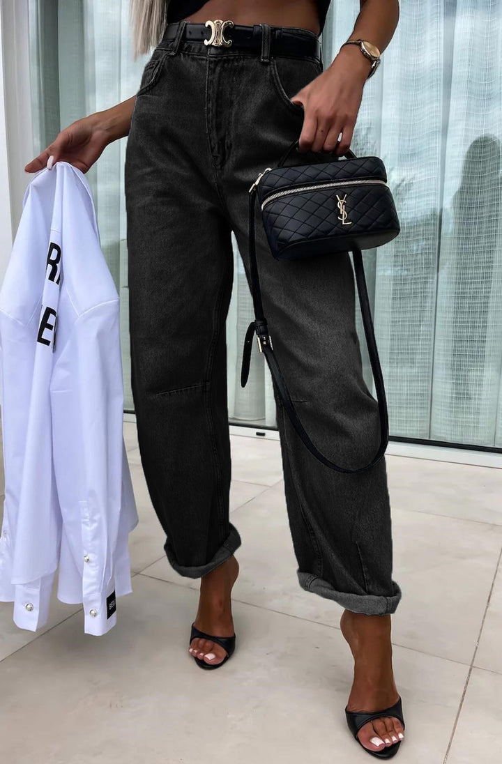 Elise Barrel High Mom Fit Denim Jeans-Black