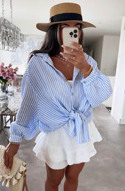 Eliza Cotton Gauze Style Striped Shirt Top-Blue