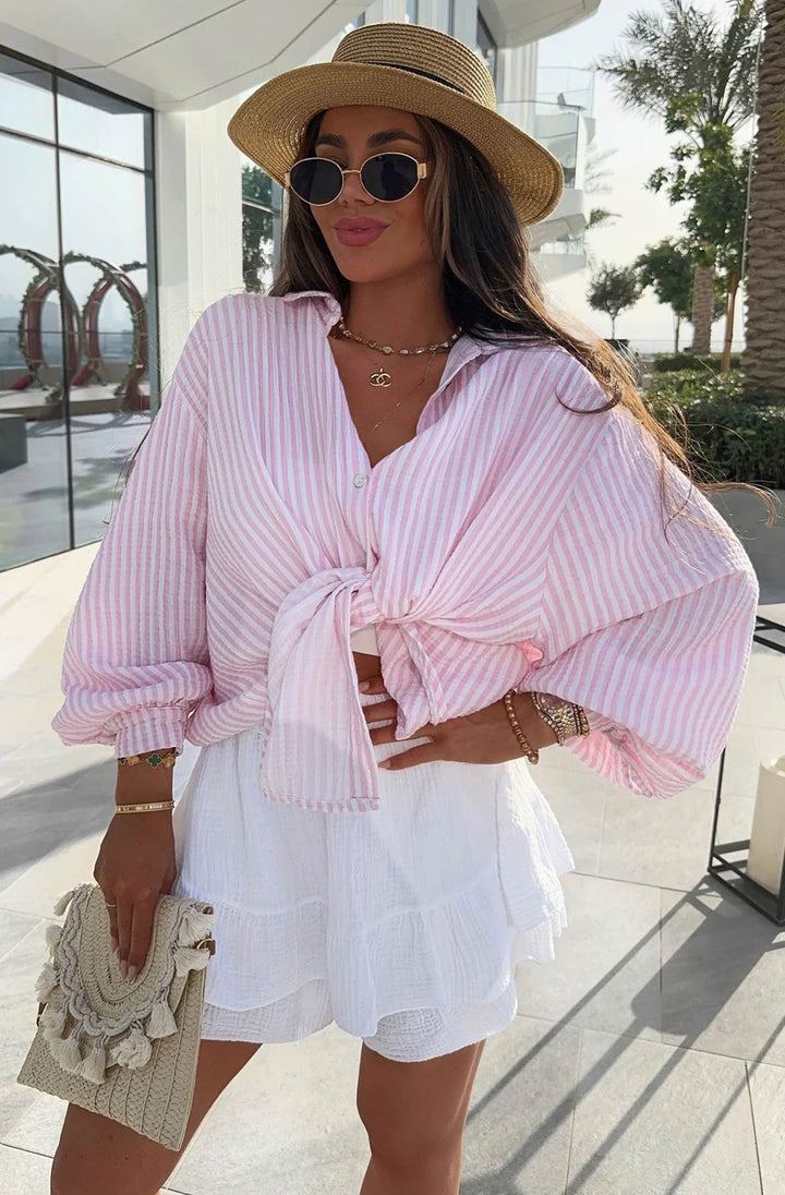 Eliza Cotton Gauze Style Striped Shirt Top-Pink