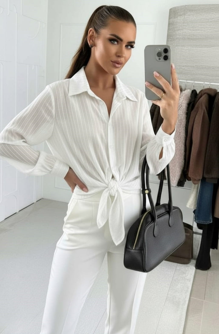 Elie Tie Front Stripe Shirt Top-Ivory