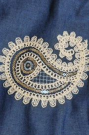 Elodie Embroidered Sequin Paisley Button Up Shirt Top-Blue