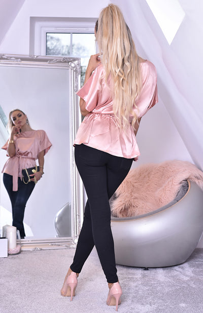 Elona Soft Satin Belted Batwing Top-Dusty Pink