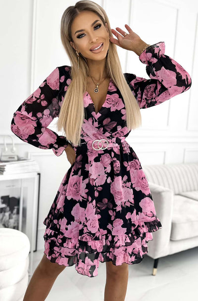 Elona Floral Chiffon Frill Wrap Dress-Pink