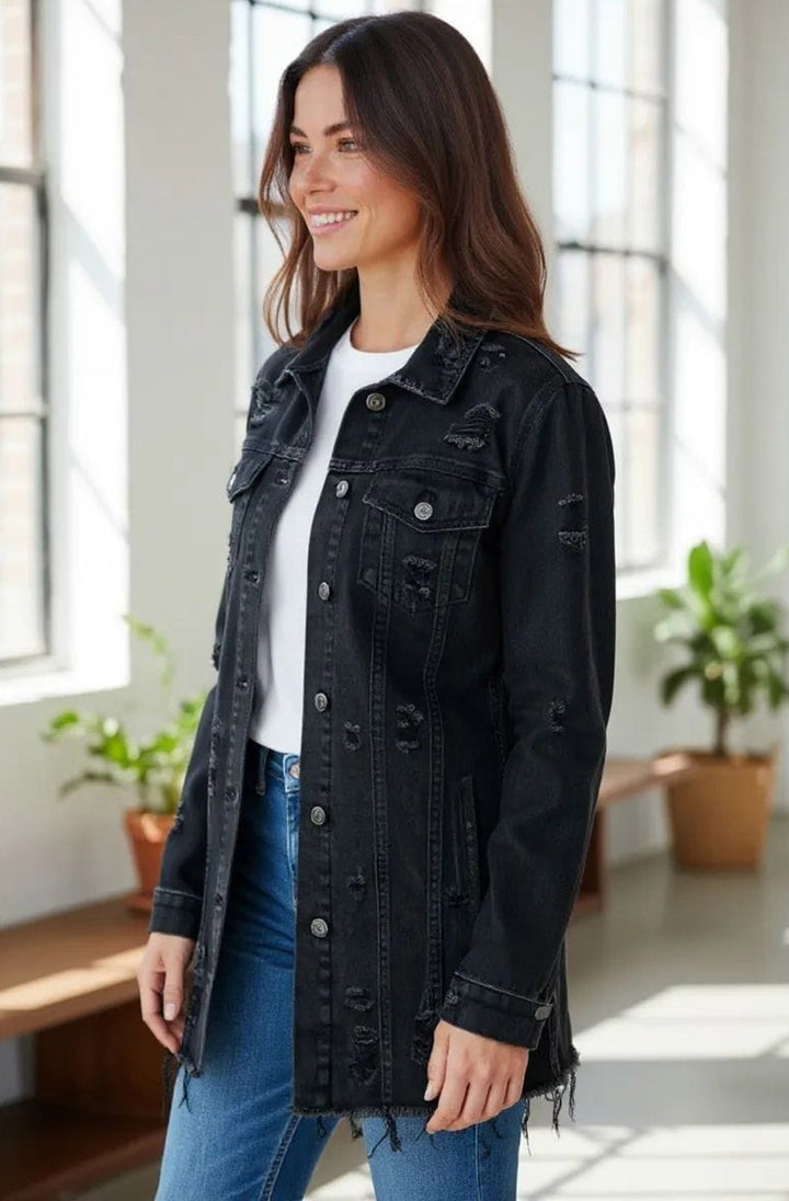 Emma Longline Black Denim Jacket-Black