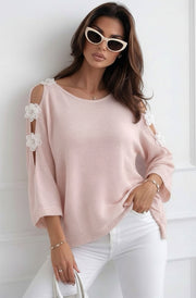 Emma Floral Appliqué Cold Shoulder Lightweight Open Knit Top-Baby Pink