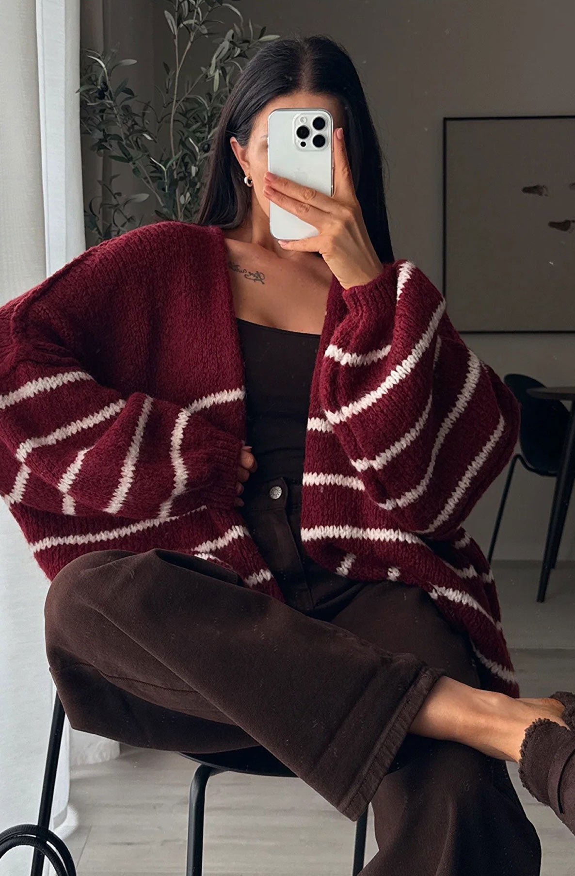 Erin Striped Knitted Cardigan-Wine
