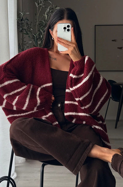 Erin Striped Knitted Cardigan-Wine