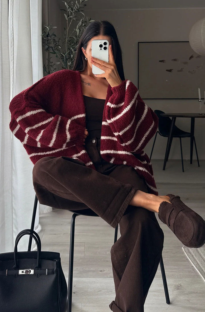 Erin Striped Knitted Cardigan-Wine