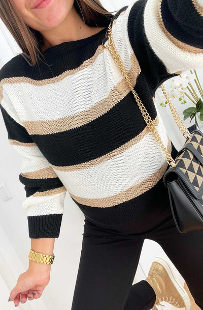 Esha Shimmer Knitted Jumper Sweater Top-Black