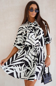 Esther Tropical Floral Patterned Dress-Black