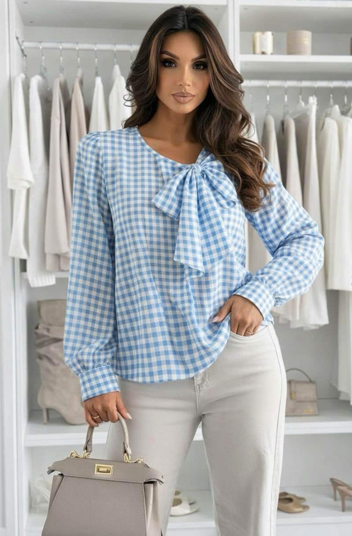Eva Gingham Bow Neck Long Sleeve Blouse Top-Blue