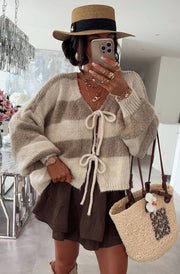 Evelle Striped Tie-Up Knitted Cardigan-Stone