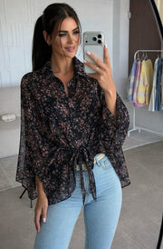 Fiorin Floral Tie-Front Oversized Poncho Style Blouse Top-Black