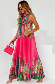 Florence Pleated Tropical Floral Tie-Up Maxi Dress-Hot Pink