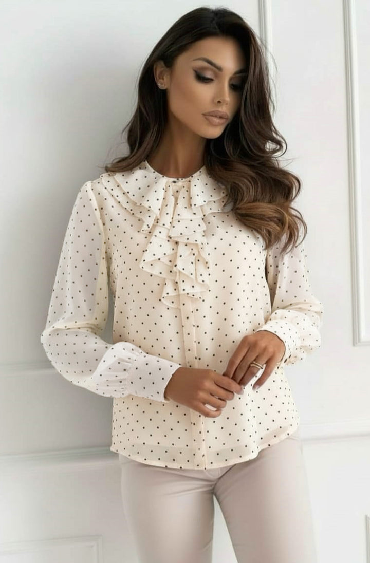Florin Polka Dot Ruffle Collar Sheer Blouse Top-Cream