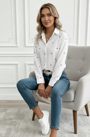 Francesca Heart Print Long Sleeve Shirt Blouse-Ivory
