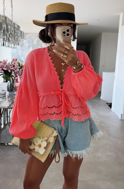 Freya Cotton Gauze Style Floral Tie-Up Top-Coral