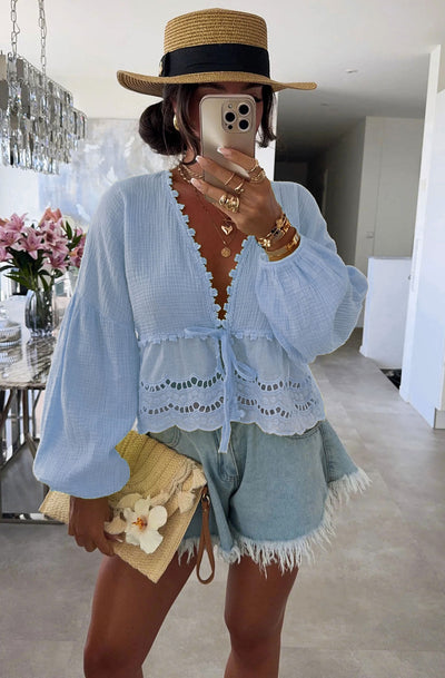 Freya Cotton Gauze Style Floral Tie-Up Top-Sky Blue