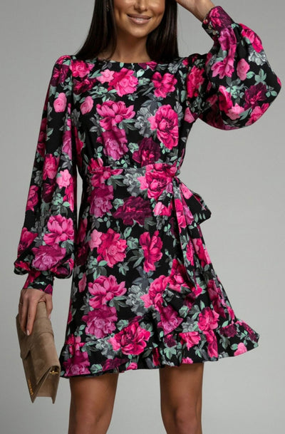 Amelia Floral Front Wrap Tie Up Dress-Pink