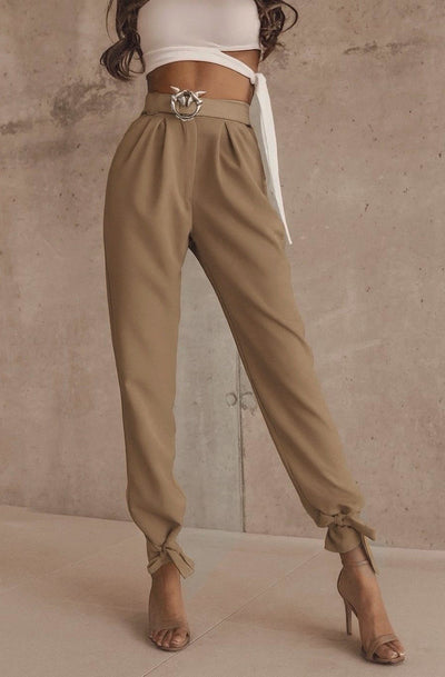 Gianna High Waist Tie Hem Trousers-Camel