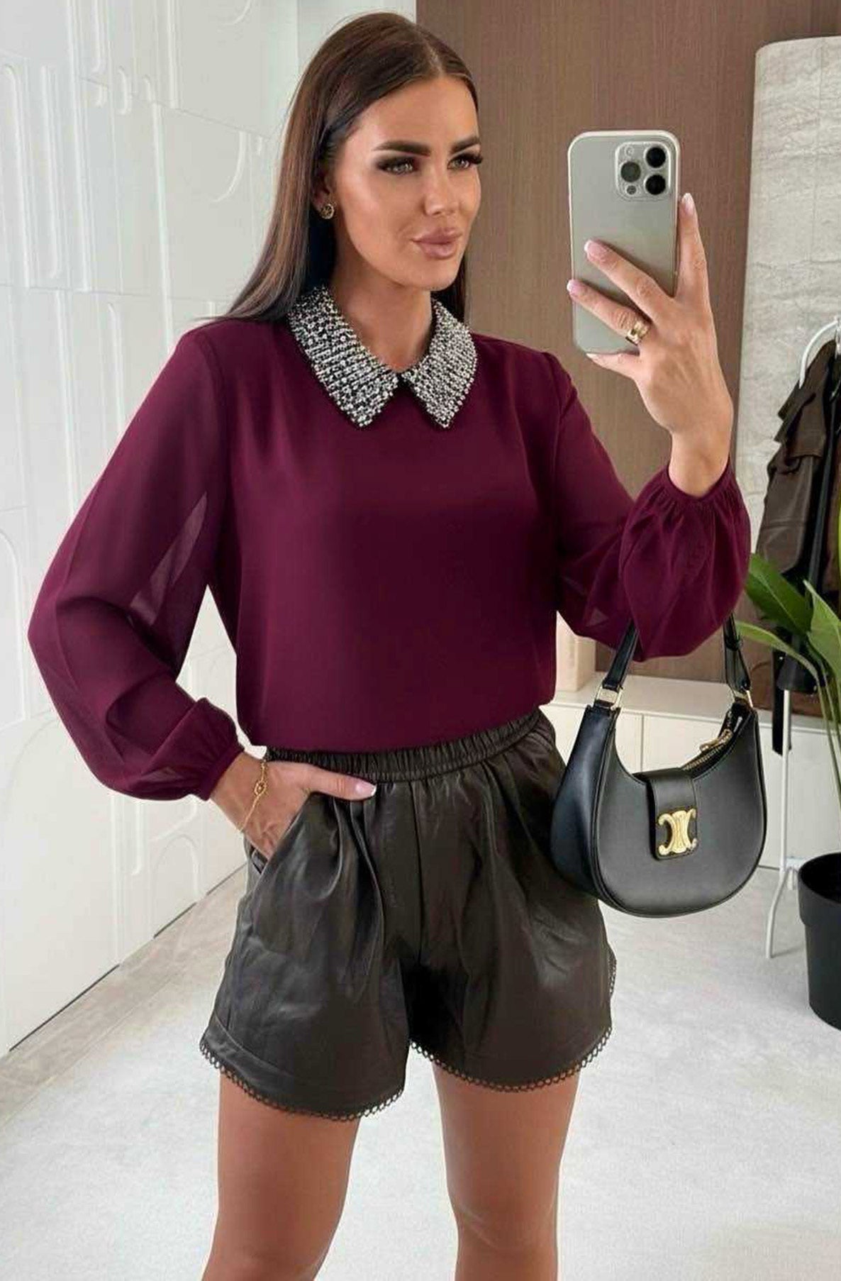 Gina Sequin Embellished Collar Blouse Top-Wine