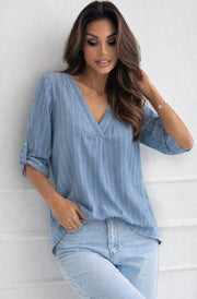Gita Stripe V-Neck Roll-Sleeve Cotton Blouse Top-Blue