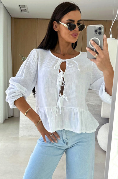 Gracie Cotton Gauze Style Front Tie-Up Top-Ivory