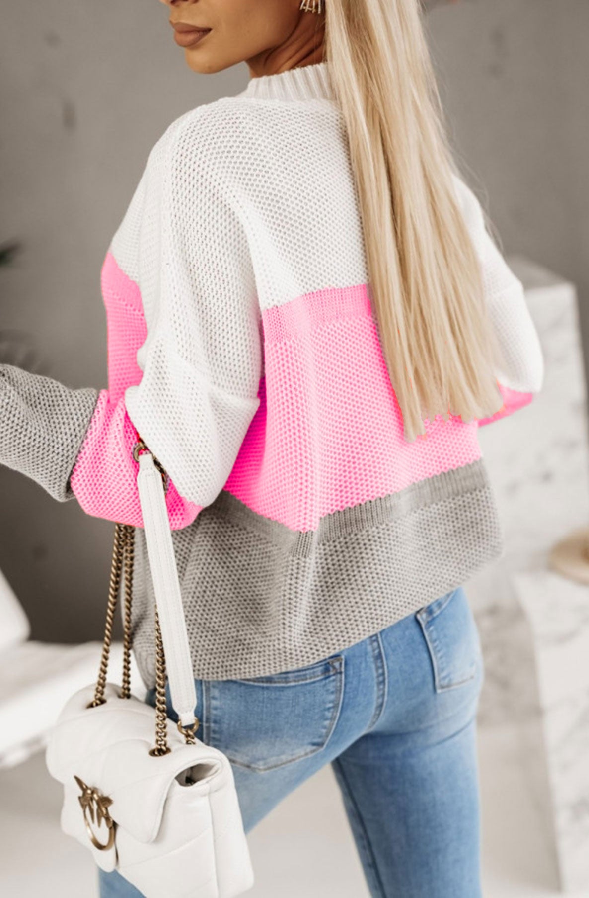 Heidi Colour Block Knitted Jumper Sweater Top-Pink